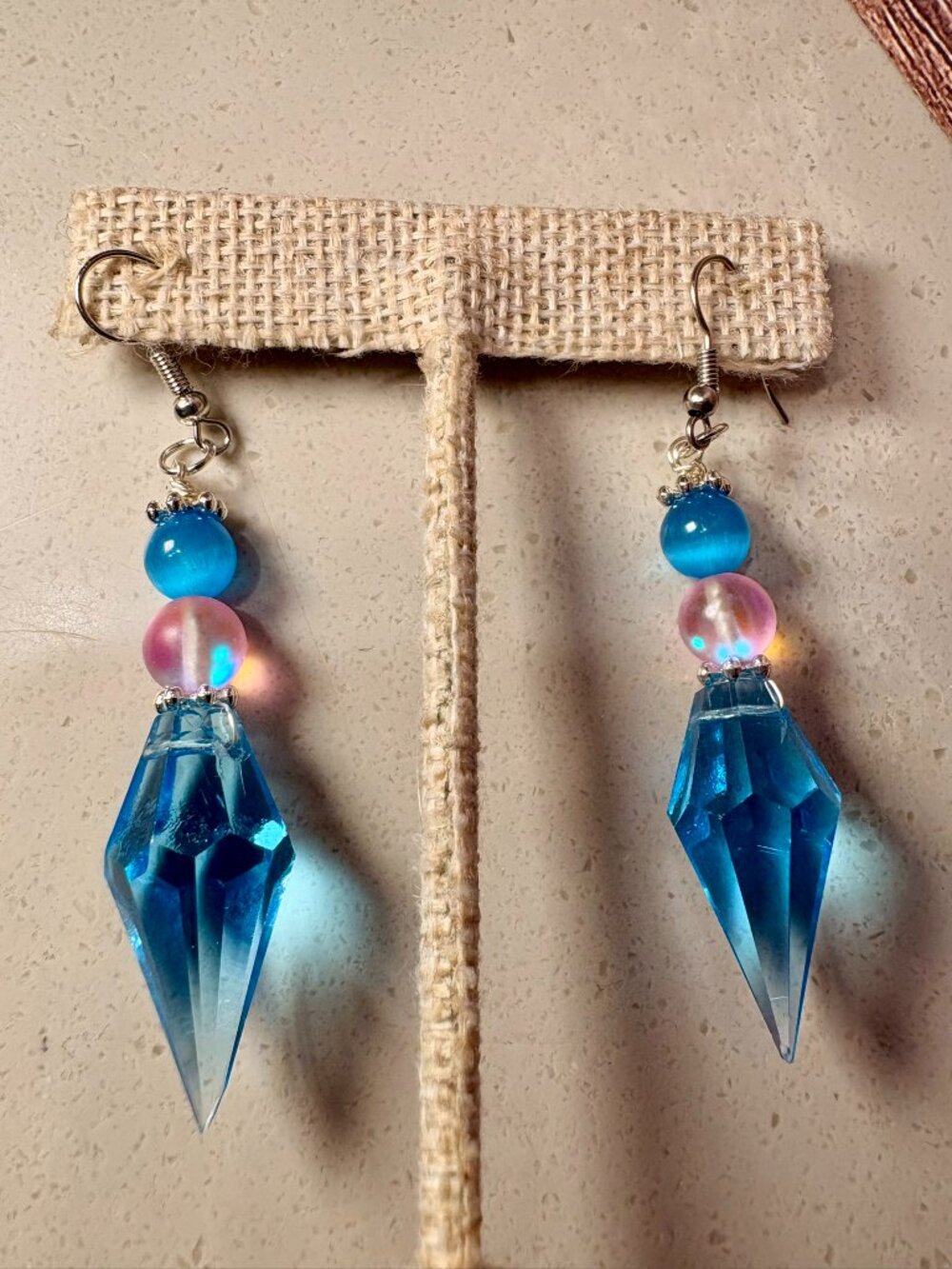 Artisan Earrings: Blue Crystal and Mermaid Glass - Picture 2 of 2